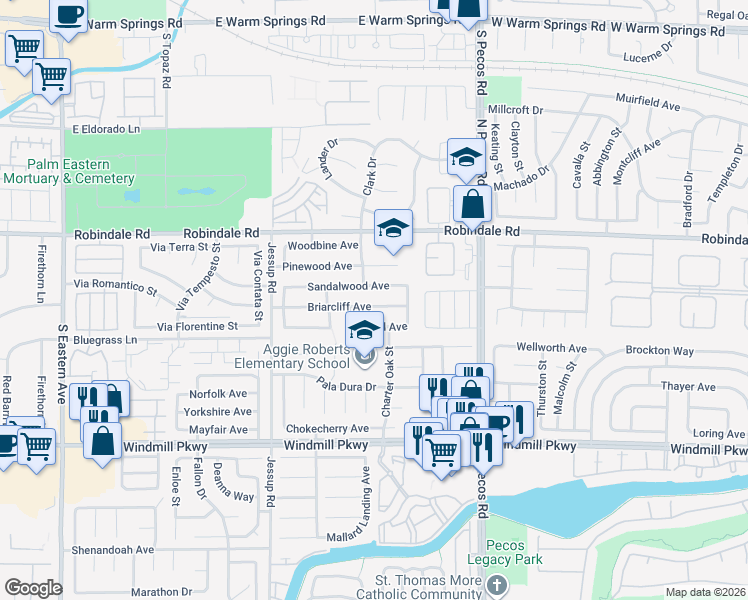 map of restaurants, bars, coffee shops, grocery stores, and more near 2722 Sandalwood Avenue in Henderson