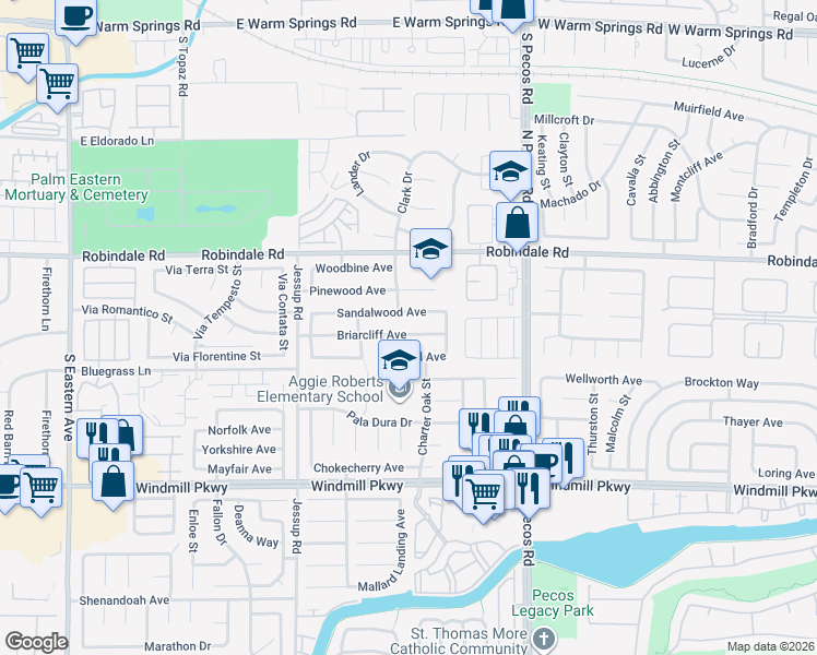 map of restaurants, bars, coffee shops, grocery stores, and more near 2722 Sandalwood Avenue in Henderson