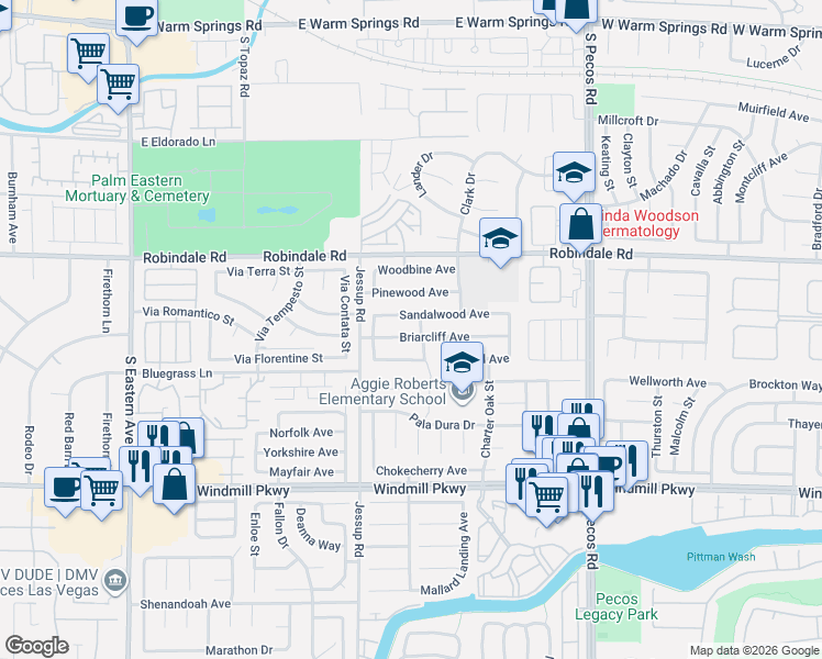 map of restaurants, bars, coffee shops, grocery stores, and more near 2736 Sandalwood Avenue in Henderson