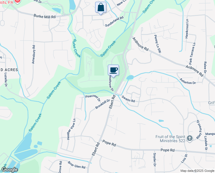map of restaurants, bars, coffee shops, grocery stores, and more near 3800 Heathrow Drive in Winston-Salem