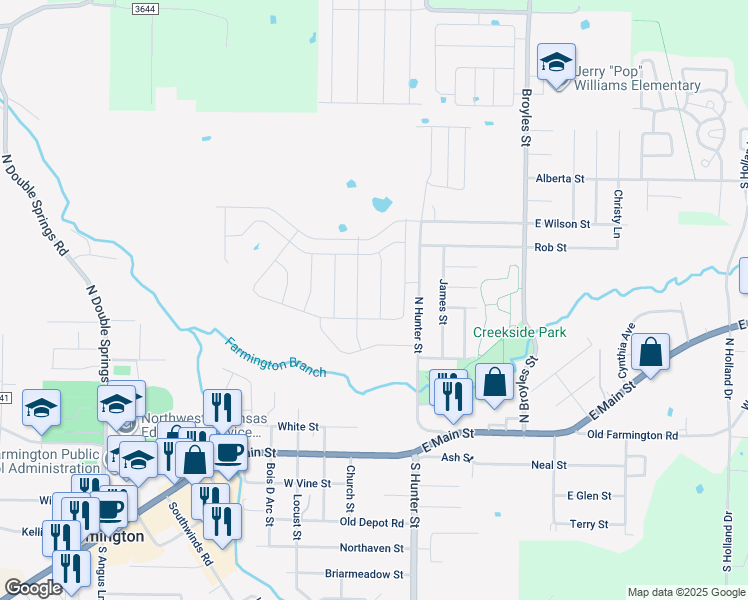 map of restaurants, bars, coffee shops, grocery stores, and more near 191 North Hunter Street in Farmington