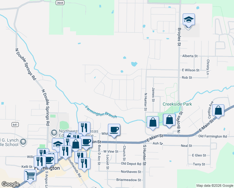 map of restaurants, bars, coffee shops, grocery stores, and more near 40 Watson Ln in Farmington