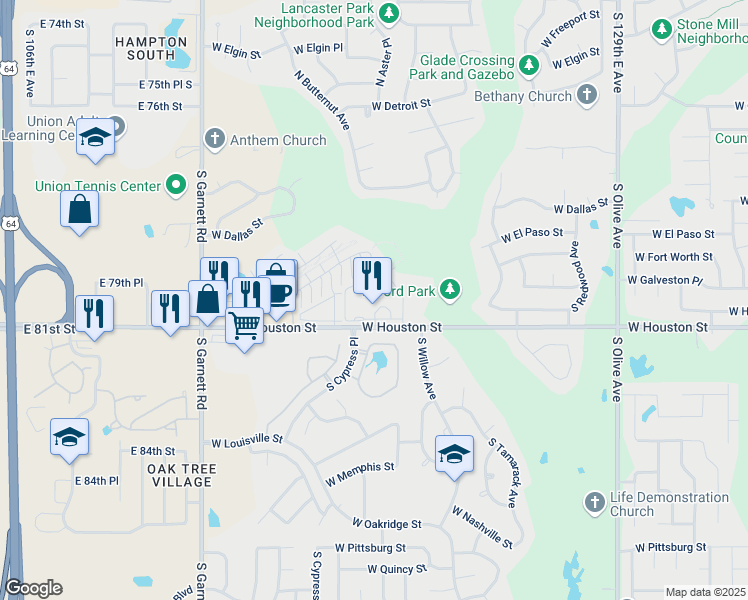 map of restaurants, bars, coffee shops, grocery stores, and more near 404 South Aster Avenue in Broken Arrow
