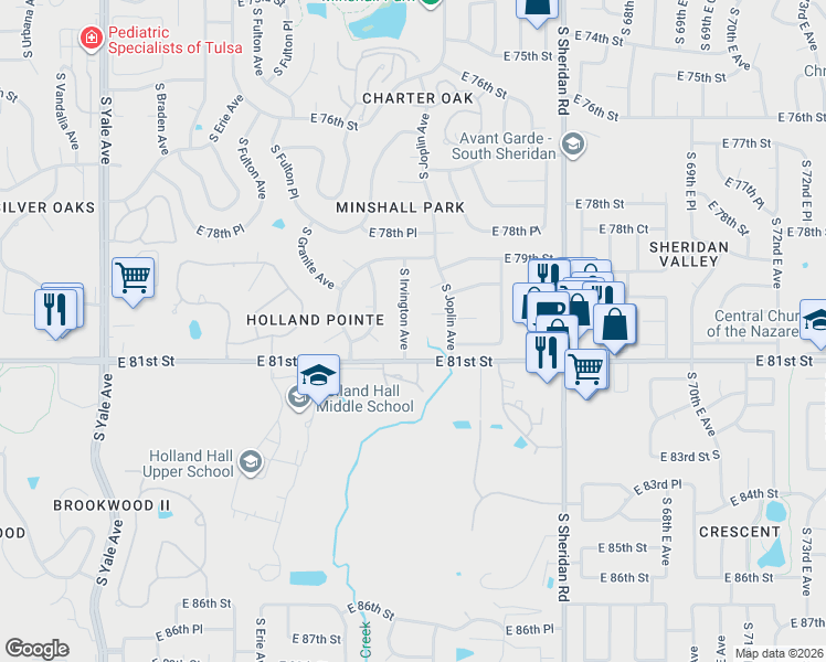 map of restaurants, bars, coffee shops, grocery stores, and more near 8009 South Irvington Avenue in Tulsa