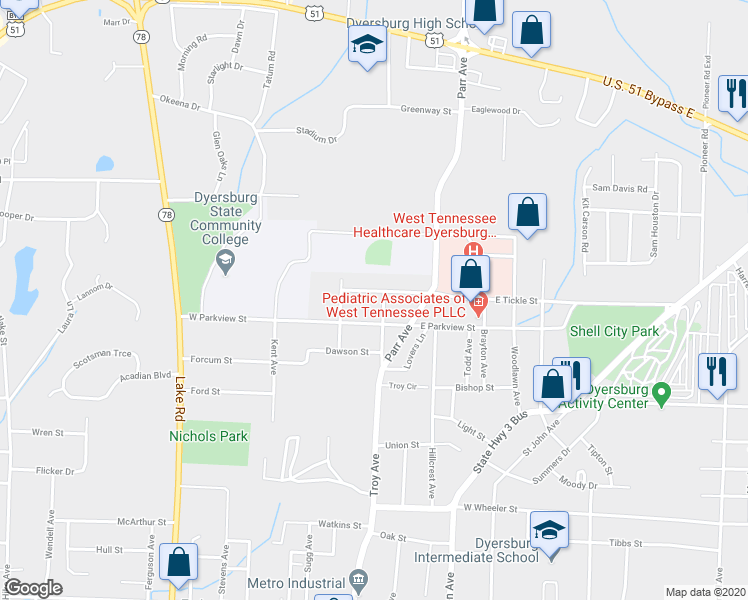 map of restaurants, bars, coffee shops, grocery stores, and more near 105 West Tickle Street in Dyersburg