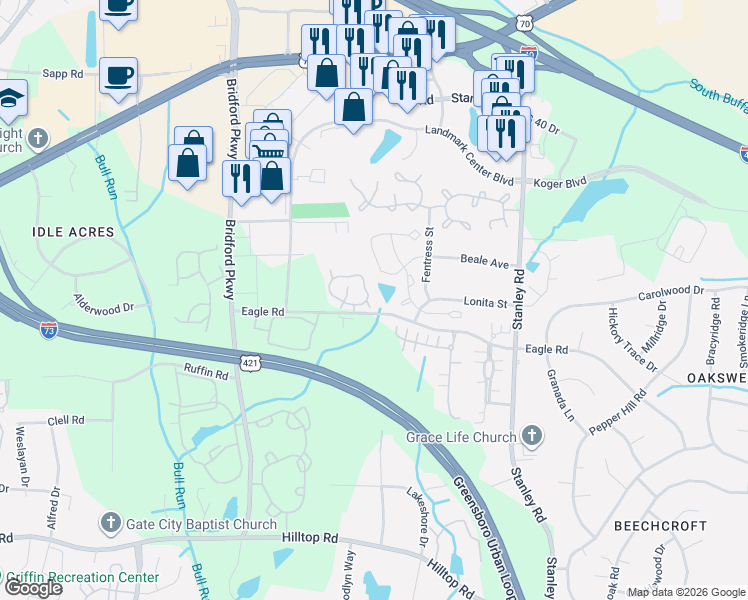 map of restaurants, bars, coffee shops, grocery stores, and more near 219 Malamute Lane in Greensboro