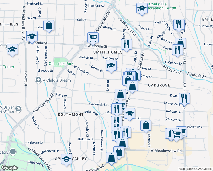 map of restaurants, bars, coffee shops, grocery stores, and more near 1804 Short Street in Greensboro