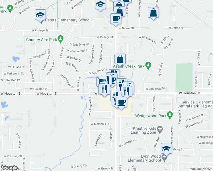 map of restaurants, bars, coffee shops, grocery stores, and more near 2211 West Galveston Street in Broken Arrow