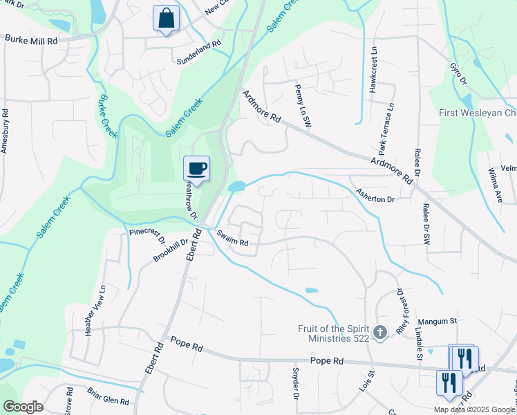 map of restaurants, bars, coffee shops, grocery stores, and more near 2905 Windy Ridge Drive in Winston-Salem