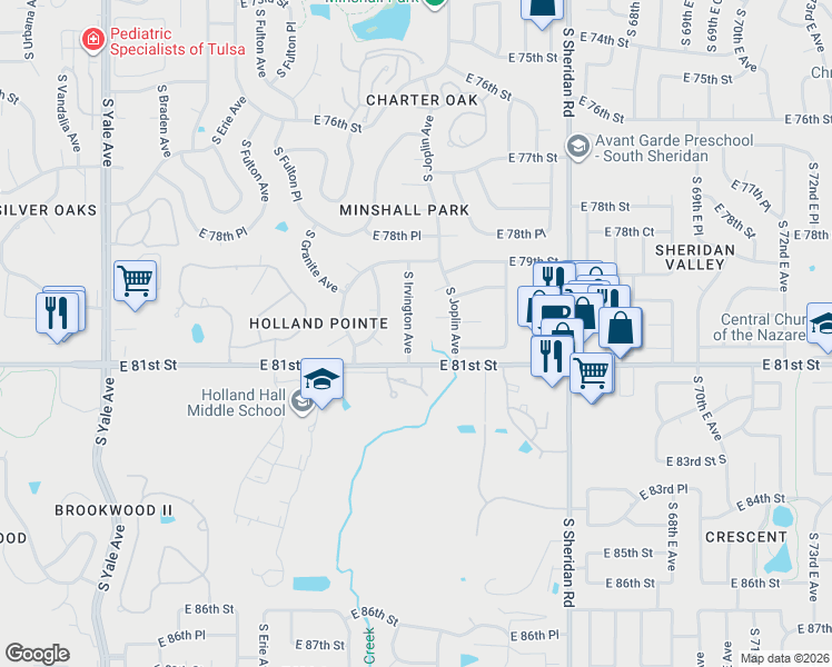 map of restaurants, bars, coffee shops, grocery stores, and more near 8009 South Irvington Avenue in Tulsa
