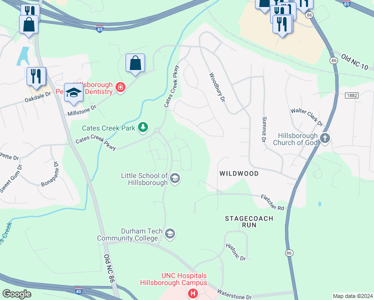 map of restaurants, bars, coffee shops, grocery stores, and more near 226 Rubrum Drive in Hillsborough