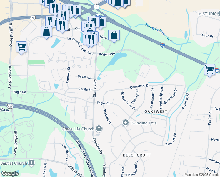 map of restaurants, bars, coffee shops, grocery stores, and more near 5312 Carolwood Drive in Greensboro