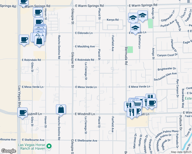 map of restaurants, bars, coffee shops, grocery stores, and more near 7728 Placid Street in Las Vegas