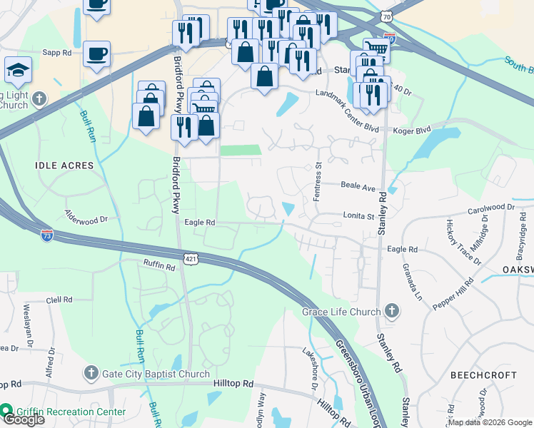 map of restaurants, bars, coffee shops, grocery stores, and more near 208 Madison Square Avenue in Greensboro