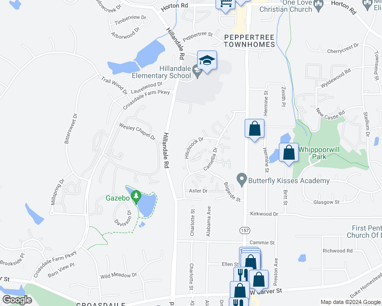 map of restaurants, bars, coffee shops, grocery stores, and more near 2610 Hitchcock Drive in Durham