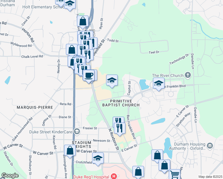 map of restaurants, bars, coffee shops, grocery stores, and more near 4100 North Roxboro Street in Durham