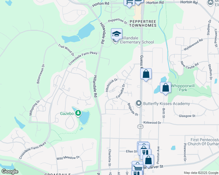 map of restaurants, bars, coffee shops, grocery stores, and more near 2627 Hitchcock Drive in Durham