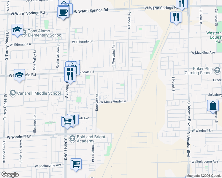 map of restaurants, bars, coffee shops, grocery stores, and more near 7813 South Westwind Road in Las Vegas