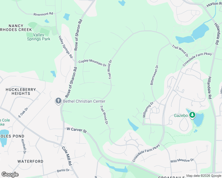 map of restaurants, bars, coffee shops, grocery stores, and more near 2801 Trail Wood Drive in Durham