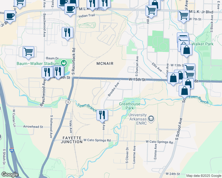 map of restaurants, bars, coffee shops, grocery stores, and more near 1159 West 15th Street in Fayetteville