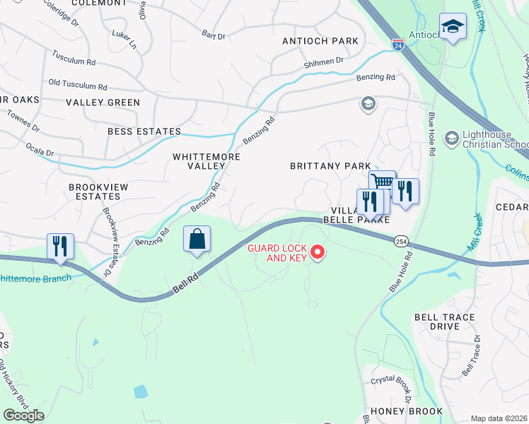 map of restaurants, bars, coffee shops, grocery stores, and more near 1500 Brentridge Drive in Nashville