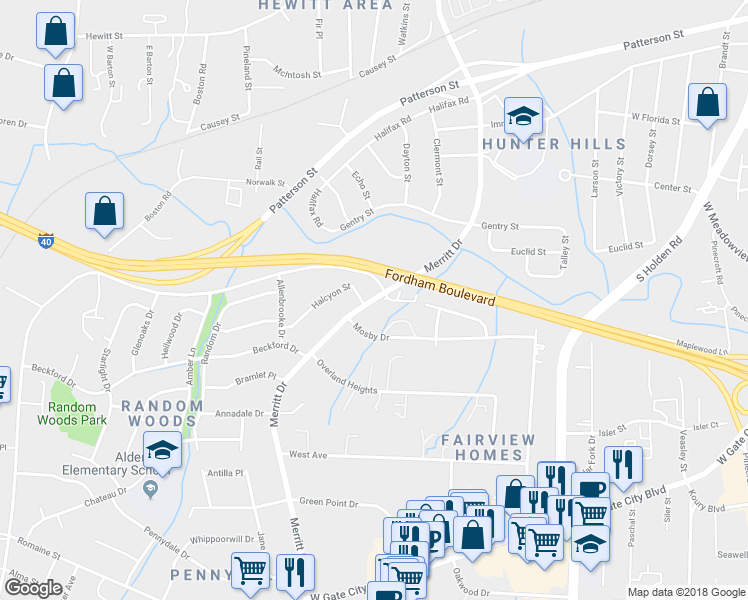 map of restaurants, bars, coffee shops, grocery stores, and more near 1835 Merritt Drive in Greensboro