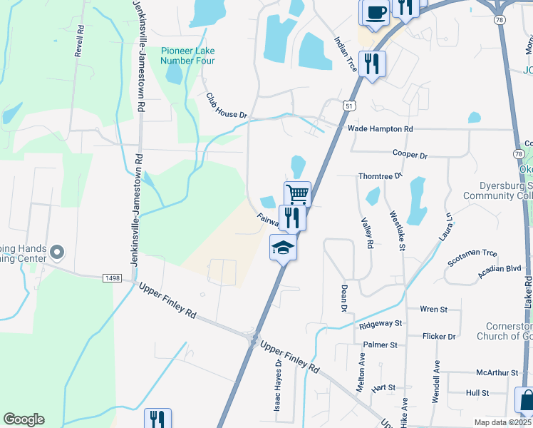 map of restaurants, bars, coffee shops, grocery stores, and more near 1564 Fairway Drive in Dyersburg