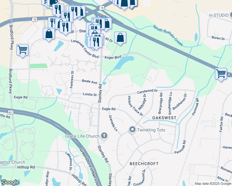 map of restaurants, bars, coffee shops, grocery stores, and more near 5312 Carolwood Drive in Greensboro