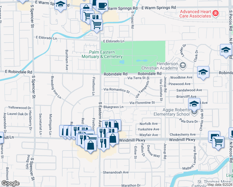 map of restaurants, bars, coffee shops, grocery stores, and more near 2857 Palleta Drive in Henderson