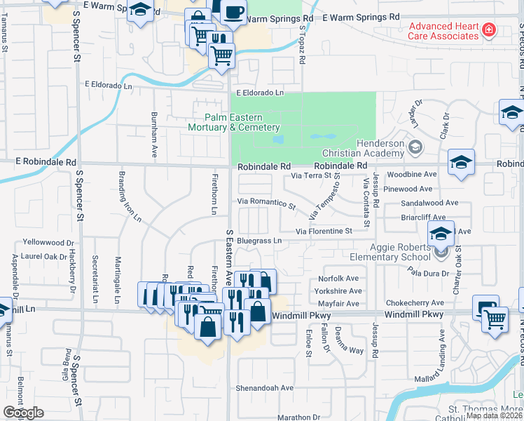 map of restaurants, bars, coffee shops, grocery stores, and more near 2857 Palleta Drive in Henderson