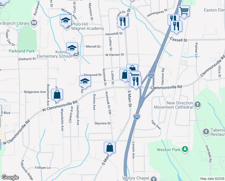 map of restaurants, bars, coffee shops, grocery stores, and more near 107 West Clemmonsville Road in Winston-Salem