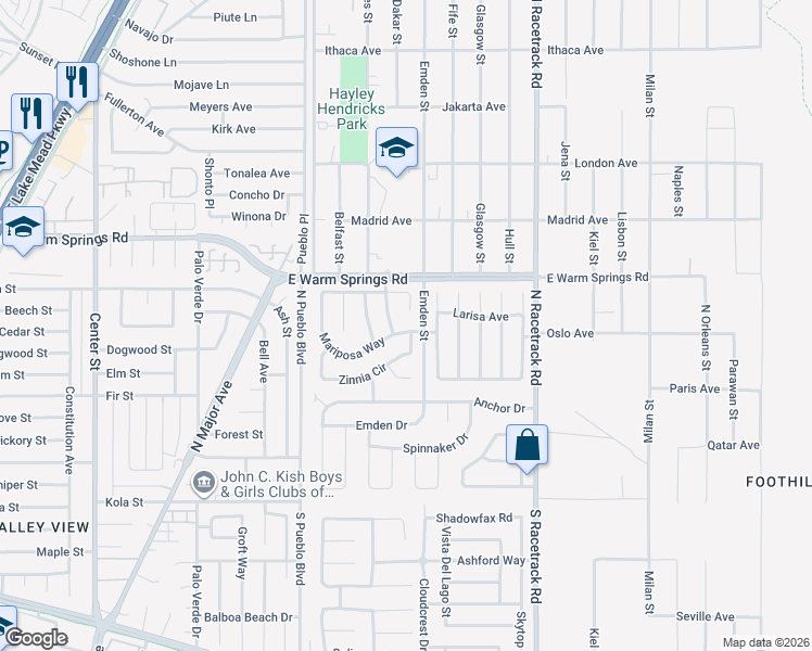 map of restaurants, bars, coffee shops, grocery stores, and more near 207 Mariposa Way in Henderson