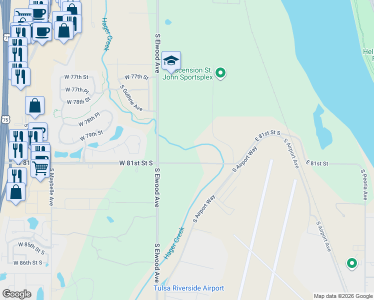 map of restaurants, bars, coffee shops, grocery stores, and more near 245 West 81st Street in Tulsa