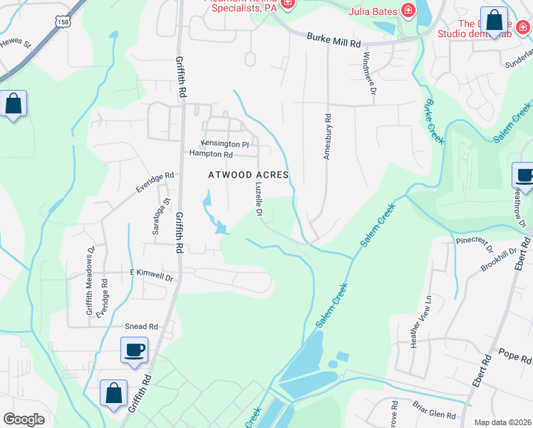 map of restaurants, bars, coffee shops, grocery stores, and more near 156 Luzelle Drive in Winston-Salem