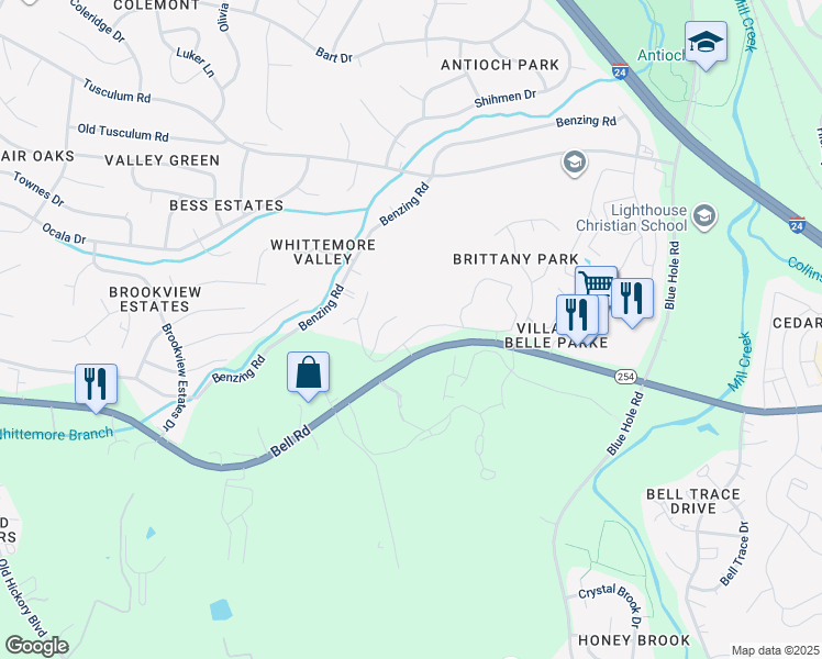 map of restaurants, bars, coffee shops, grocery stores, and more near 1500 Brentridge Drive in Nashville
