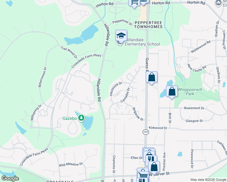 map of restaurants, bars, coffee shops, grocery stores, and more near 2627 Hitchcock Drive in Durham