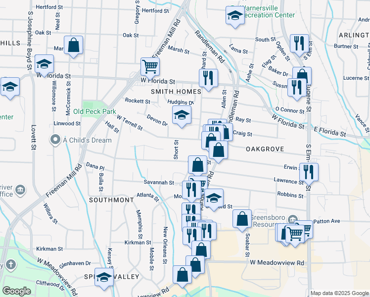 map of restaurants, bars, coffee shops, grocery stores, and more near 611 West Terrell Street in Greensboro