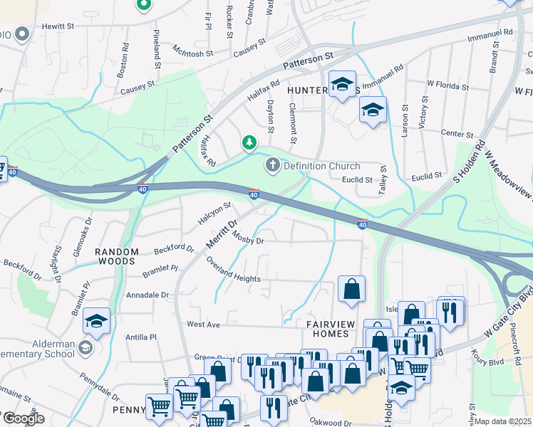 map of restaurants, bars, coffee shops, grocery stores, and more near 1825 Merritt Drive in Greensboro