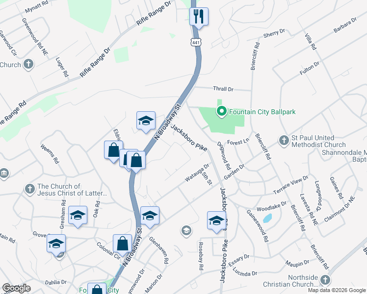 map of restaurants, bars, coffee shops, grocery stores, and more near 5703 Jacksboro Pike in Knoxville