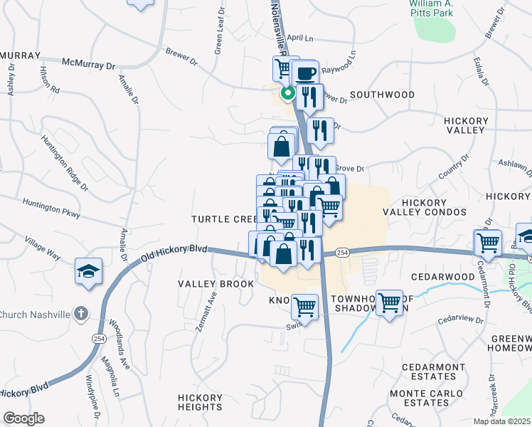 map of restaurants, bars, coffee shops, grocery stores, and more near 5653 Hickory Plaza Drive in Nashville