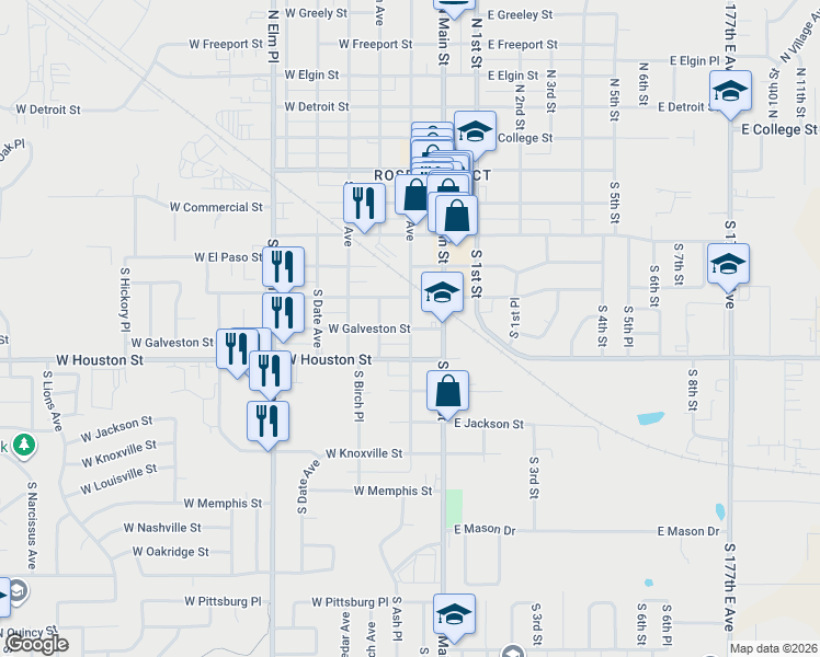 map of restaurants, bars, coffee shops, grocery stores, and more near 519 South Ash Avenue in Broken Arrow