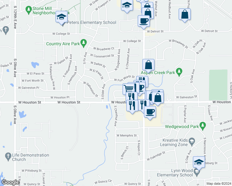 map of restaurants, bars, coffee shops, grocery stores, and more near 2312 West Galveston Street in Broken Arrow
