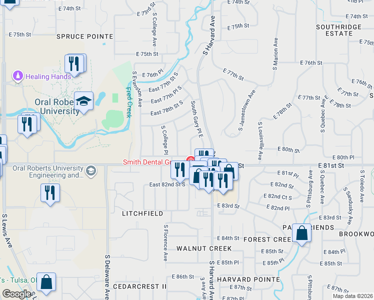 map of restaurants, bars, coffee shops, grocery stores, and more near 8003 South Gary Avenue East in Tulsa