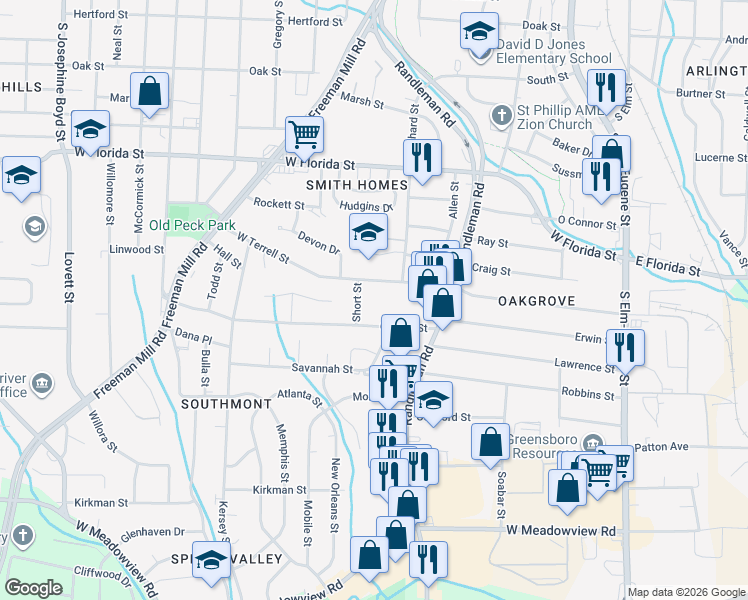 map of restaurants, bars, coffee shops, grocery stores, and more near 603 West Terrell Street in Greensboro