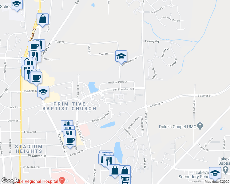 map of restaurants, bars, coffee shops, grocery stores, and more near 136 Presidents Drive in Durham