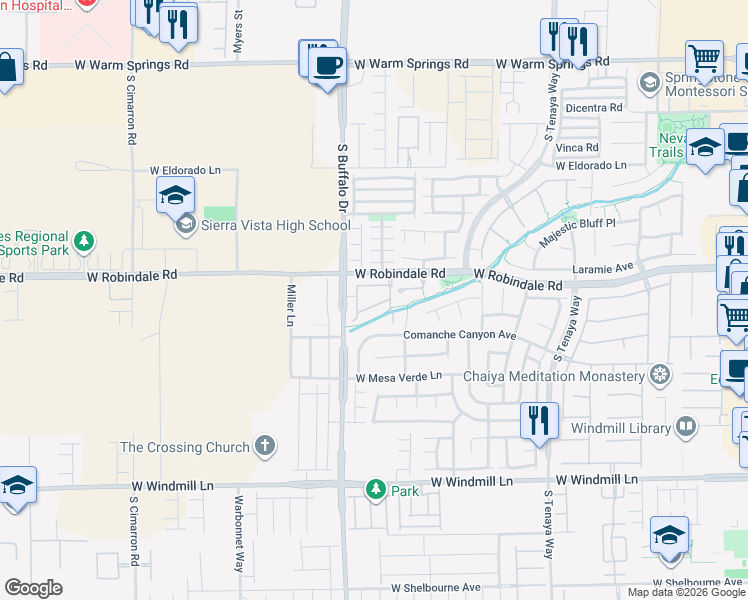 map of restaurants, bars, coffee shops, grocery stores, and more near 268 West Robindale Road in Las Vegas