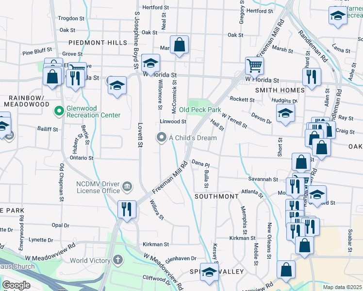 map of restaurants, bars, coffee shops, grocery stores, and more near 1722 Glenwood Avenue in Greensboro