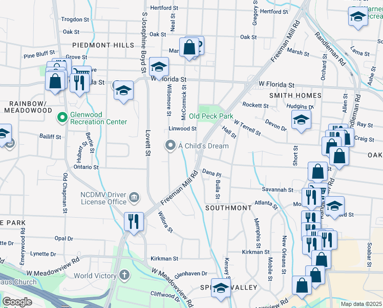 map of restaurants, bars, coffee shops, grocery stores, and more near 1722 Glenwood Avenue in Greensboro