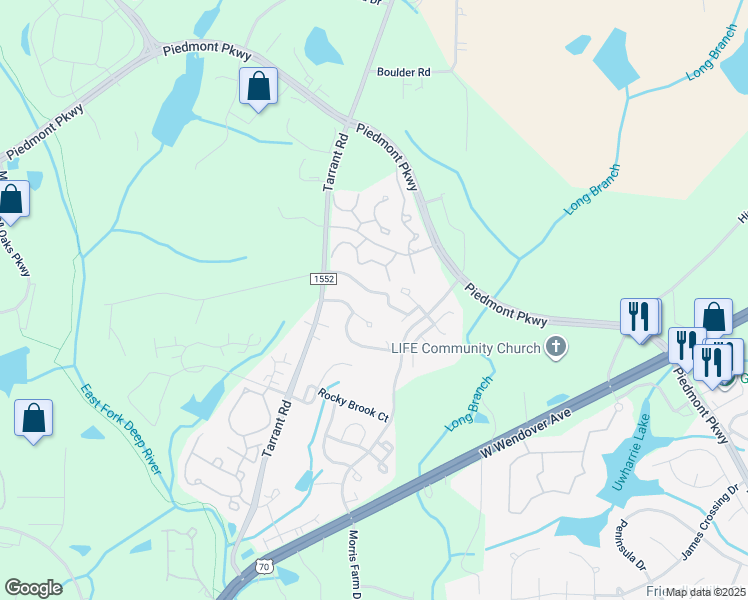 map of restaurants, bars, coffee shops, grocery stores, and more near 4454 Piedmont Trace Drive in Greensboro