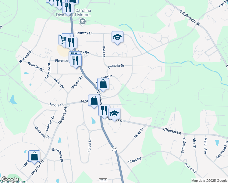 map of restaurants, bars, coffee shops, grocery stores, and more near 1141 Southwood Drive in Graham